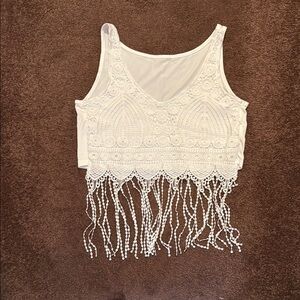 Embellished Cream Sleeveless Crop Tank Top